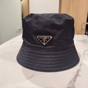 Prada Black Nylon Bucket Hat with Silver Triangular Logo